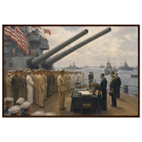 Framed panoramic art print of the 1945 Japanese surrender ceremony aboard the USS Missouri, in a solid wood frame.