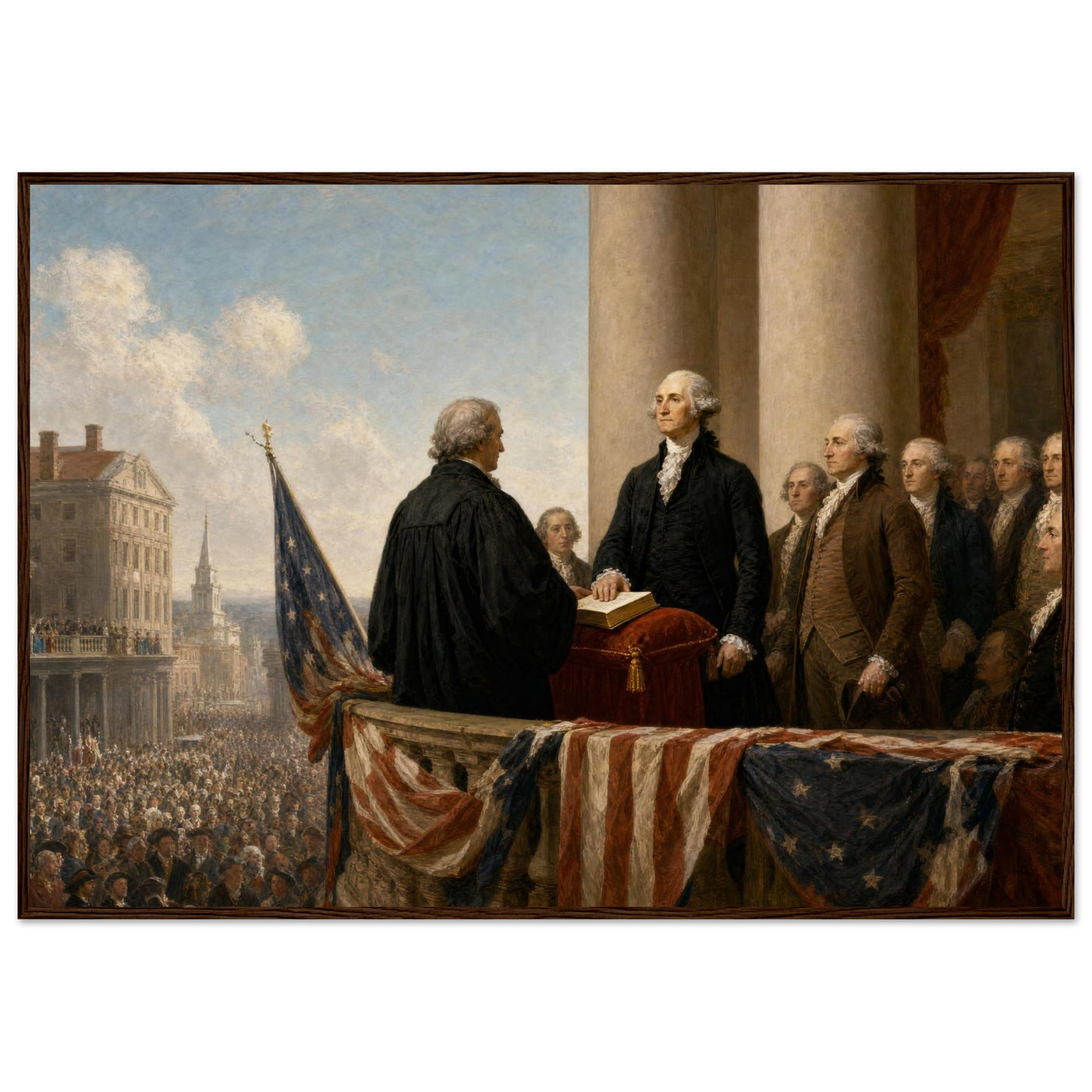 Framed print of Washington's first inauguration, ready to hang.