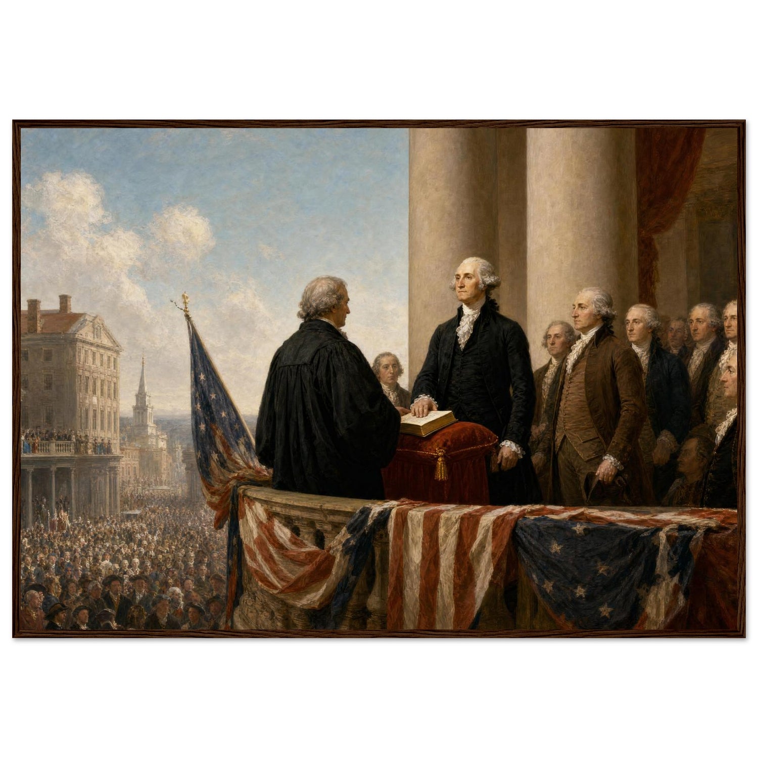 Framed print of Washington's first inauguration, ready to hang.
