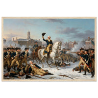 Framed print of Washington rallying the troops at Trenton, ready to hang.