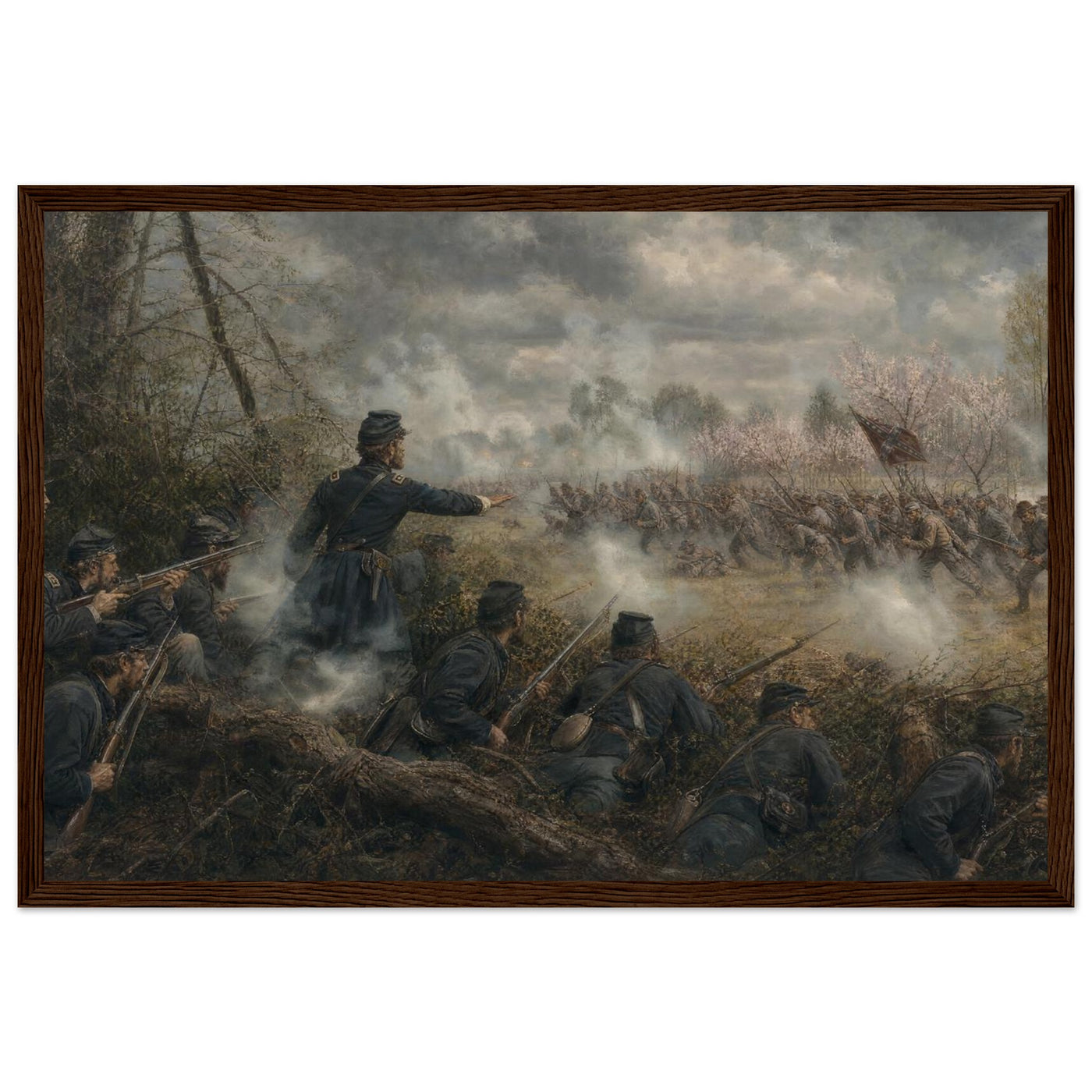 Framed art print of Union soldiers firing from a skirmish line amid drifting gun smoke, in a solid wood frame.