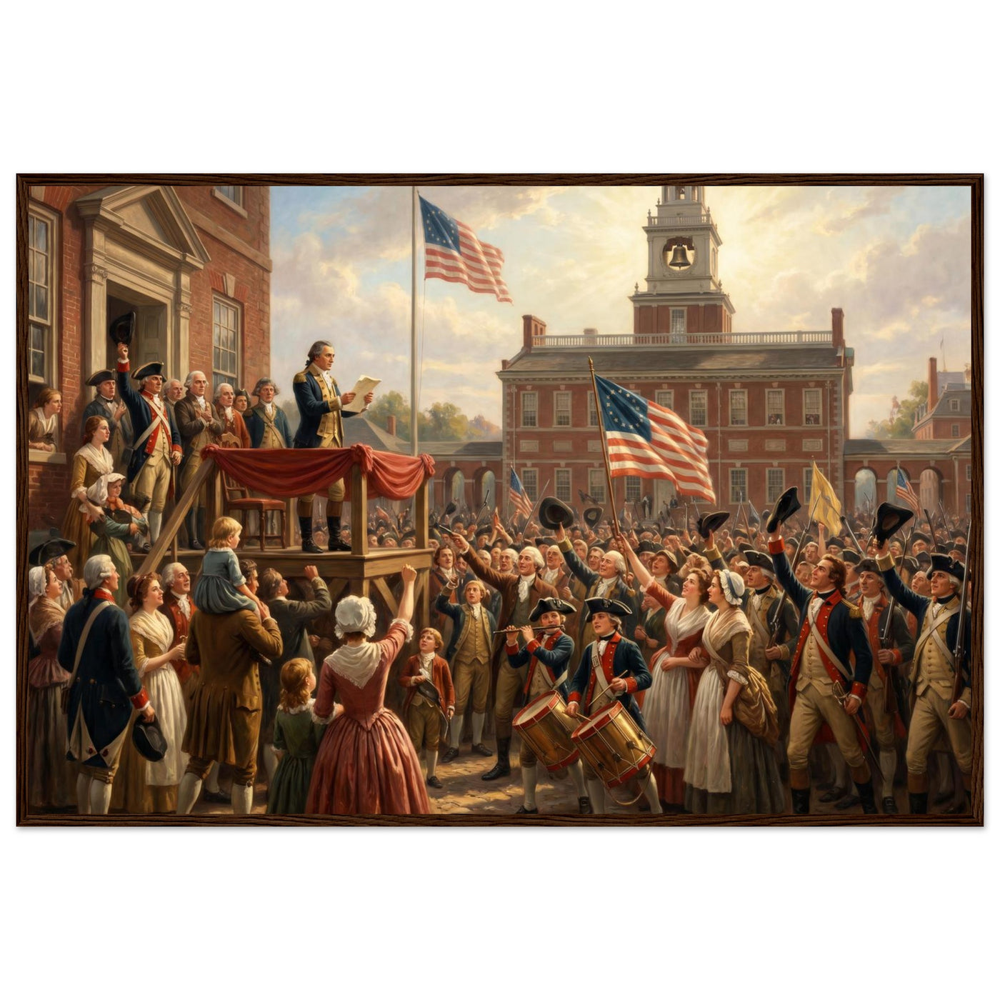 Wooden framed print of the first reading of the Declaration — room view, ready to hang.