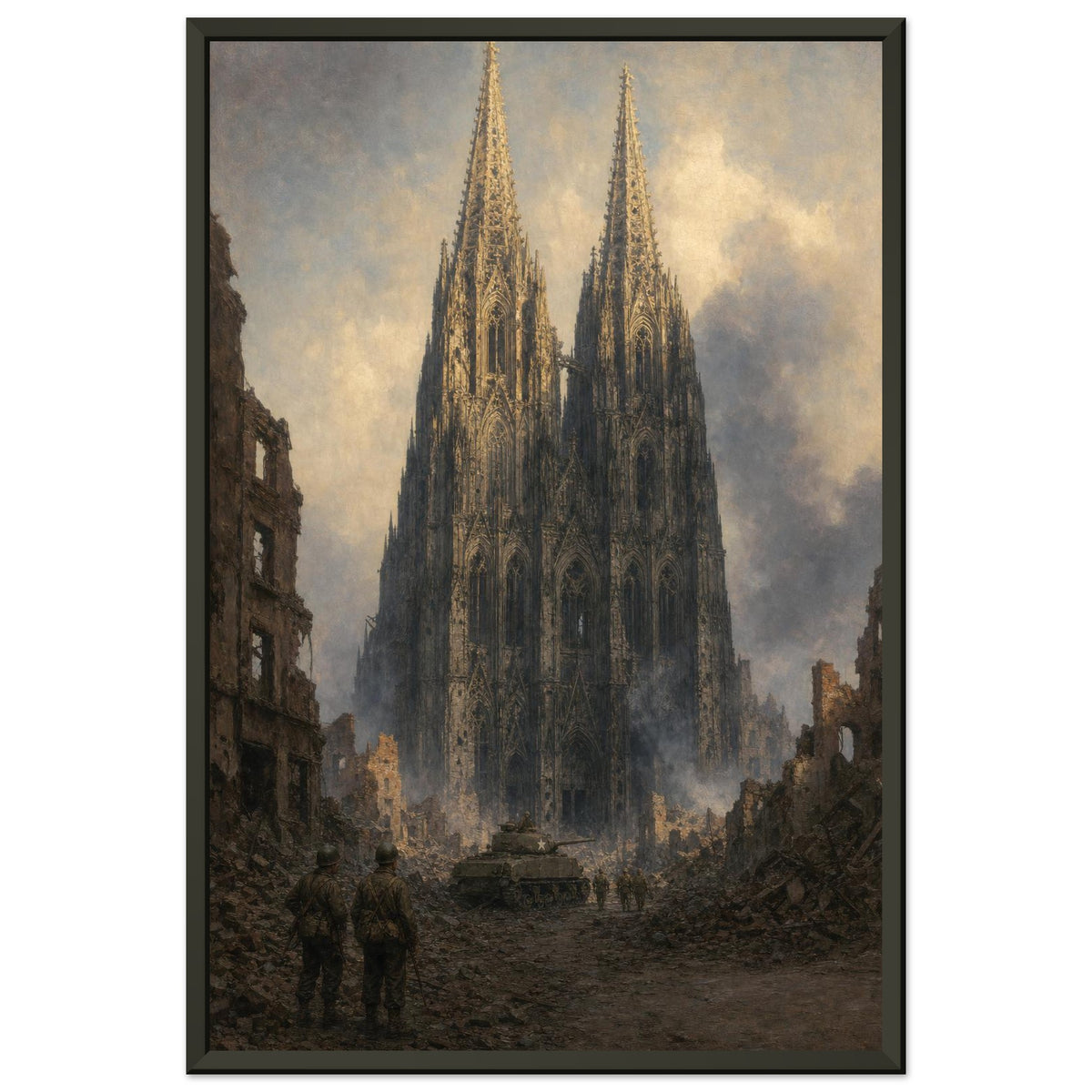 Cologne, March 1945 — framed fine art print of a tank and GIs before the ruined cathedral, 24x36″ in a black frame