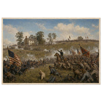 Framed panoramic art print of Confederate troops advancing across the open field during Pickett's Charge at Gettysburg, in a solid wood frame.