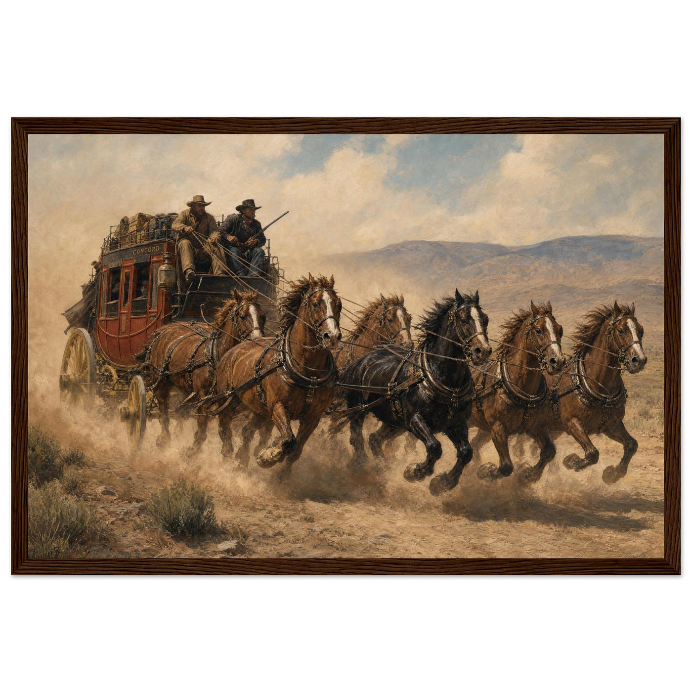 Wooden framed print of a Wild West stagecoach — room view, ready to hang.