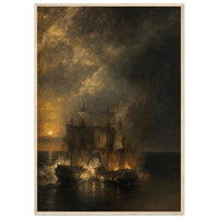 The Bonhomme Richard and the Serapis — framed fine art print of frigates fighting at night, 12x18″ in a natural wood frame