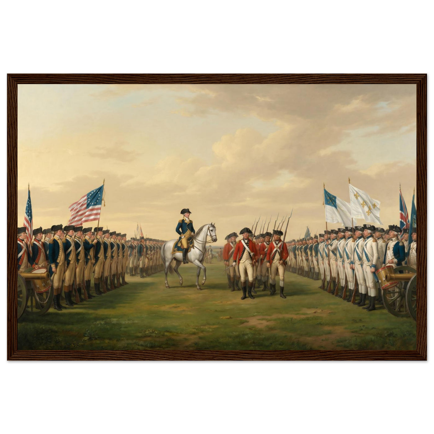 Wooden framed print of the surrender of Cornwallis — room view, ready to hang.
