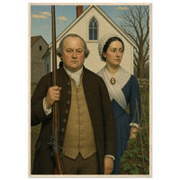 American Gothic, 1776 — framed fine art print of John and Abigail Adams before a white farmhouse, a long musket held upright, in a natural wood frame