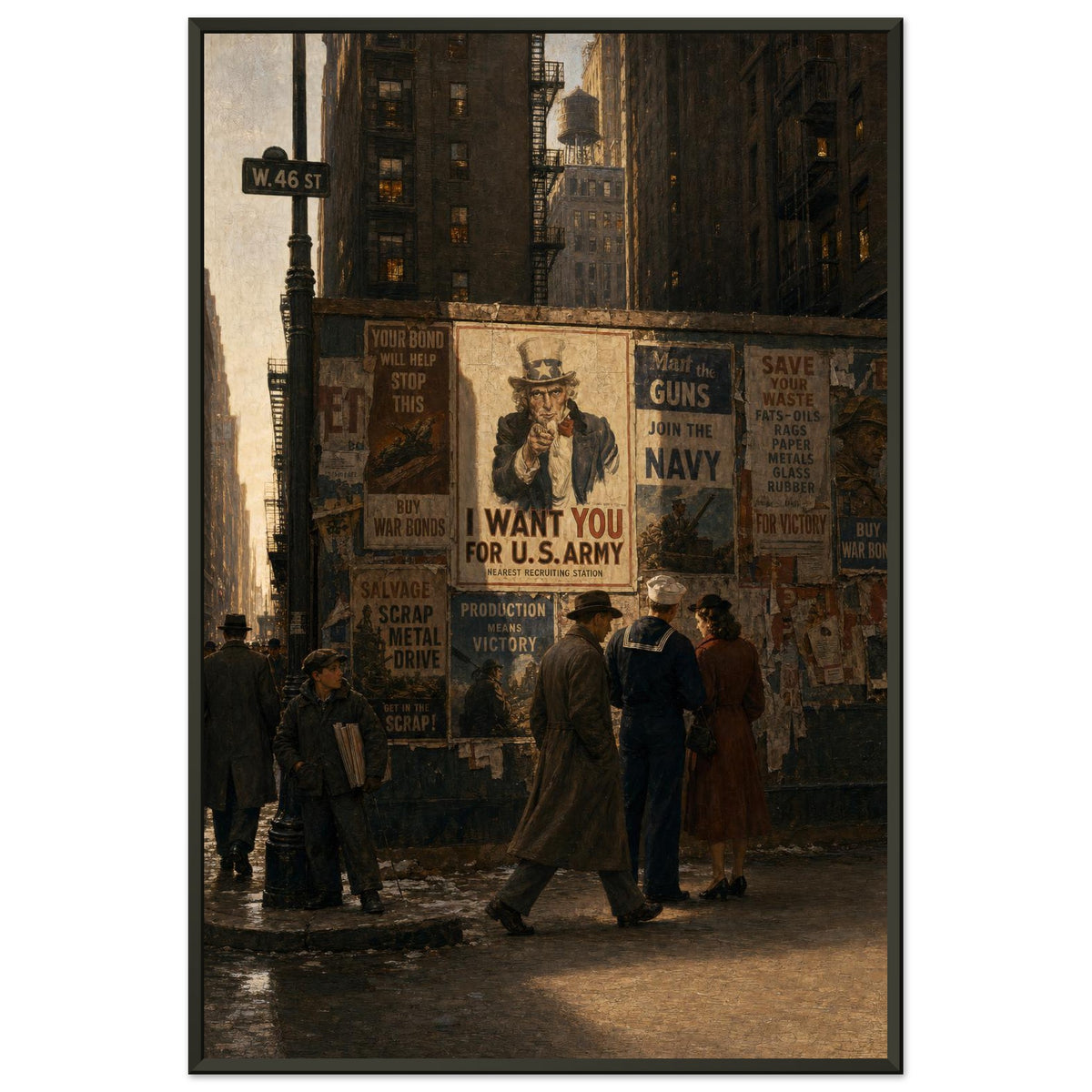 The Avenue, 1943 — framed fine art print of a New York corner covered in war posters, 28x40″ in a black frame