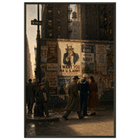 The Avenue, 1943 — framed fine art print of a New York corner covered in war posters, 28x40″ in a black frame