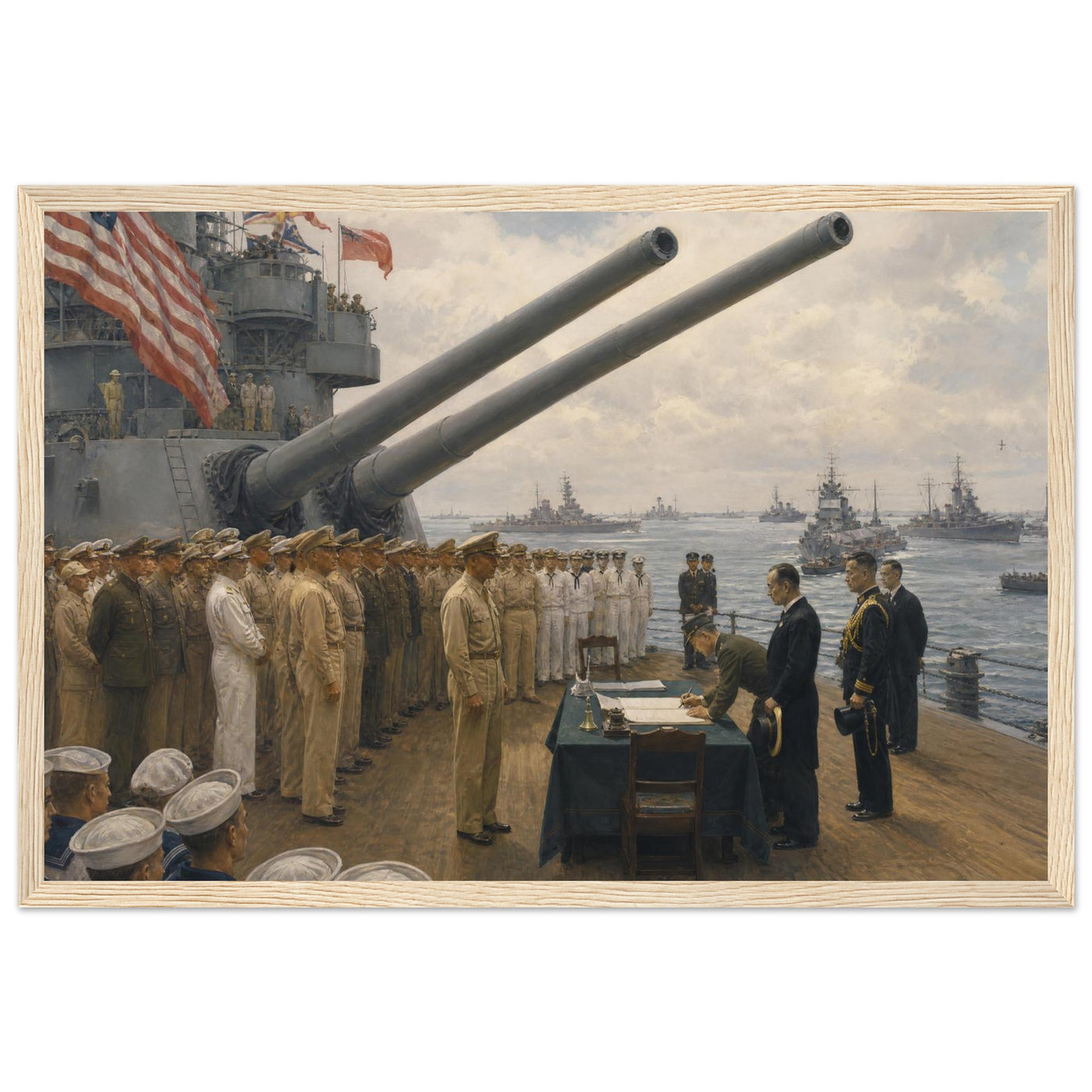 Framed panoramic art print of the 1945 Japanese surrender ceremony aboard the USS Missouri, in a solid wood frame.
