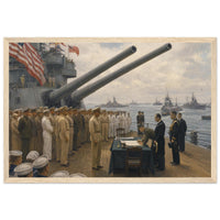 Framed panoramic art print of the 1945 Japanese surrender ceremony aboard the USS Missouri, in a solid wood frame.