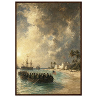 New Providence, 1776 — framed fine art print of Continental Marines rowing toward Nassau, 12x18″ in a dark wood frame