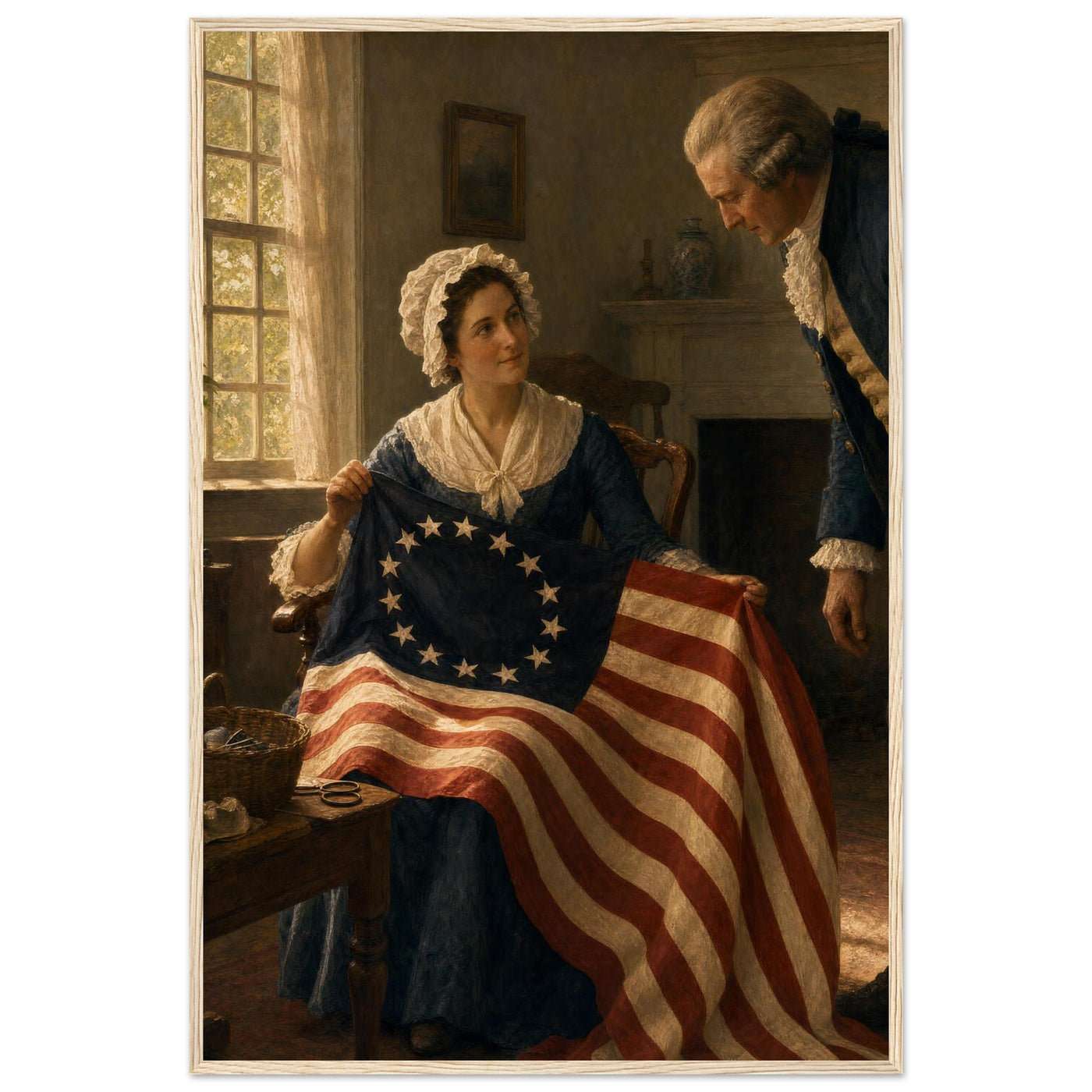 Framed print of Betsy Ross sewing the first American flag, ready to hang.
