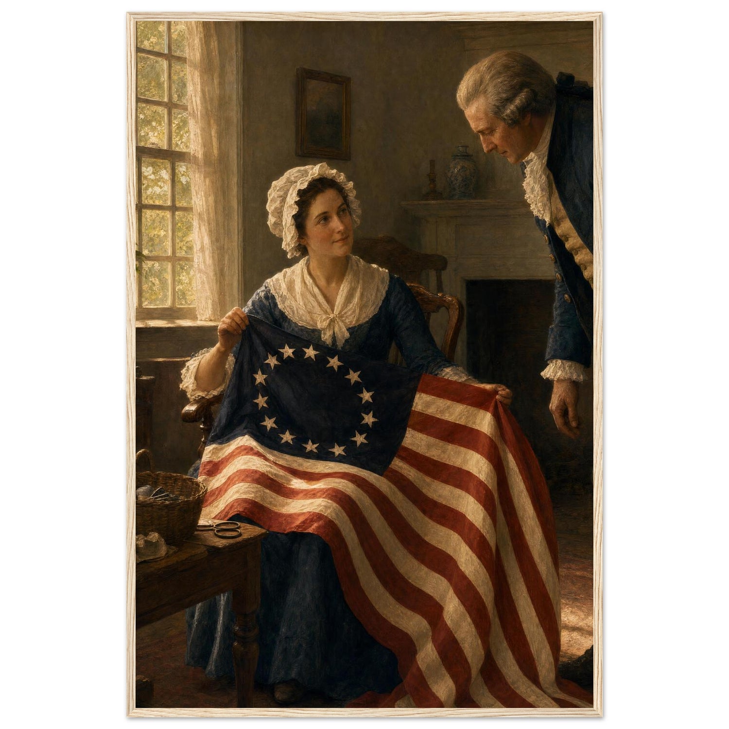 Framed print of Betsy Ross sewing the first American flag, ready to hang.