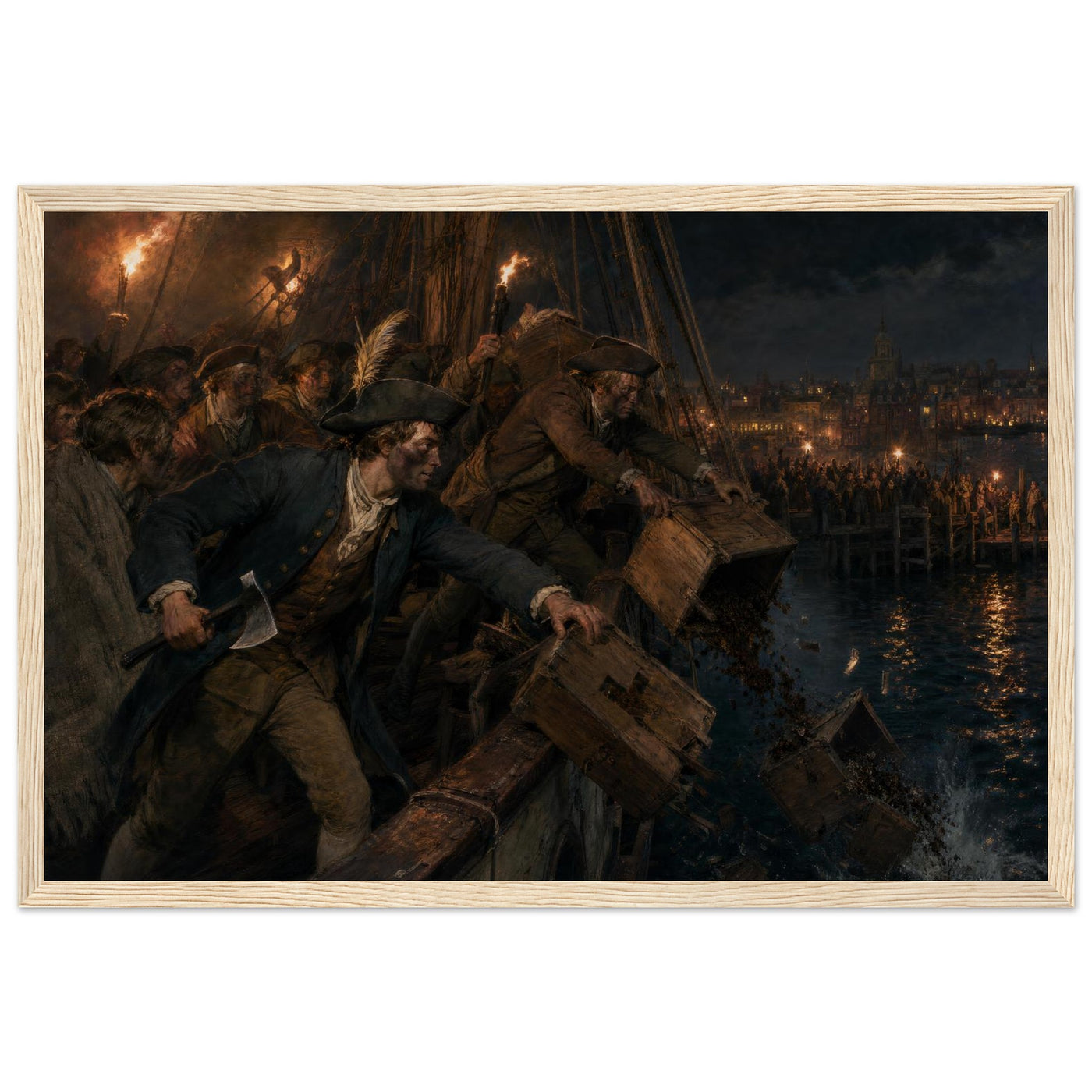 Framed print of the Boston Tea Party, ready to hang.