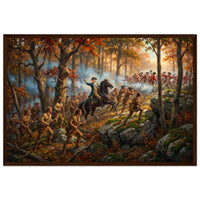 Framed print of a Revolutionary forest ambush, ready to hang.