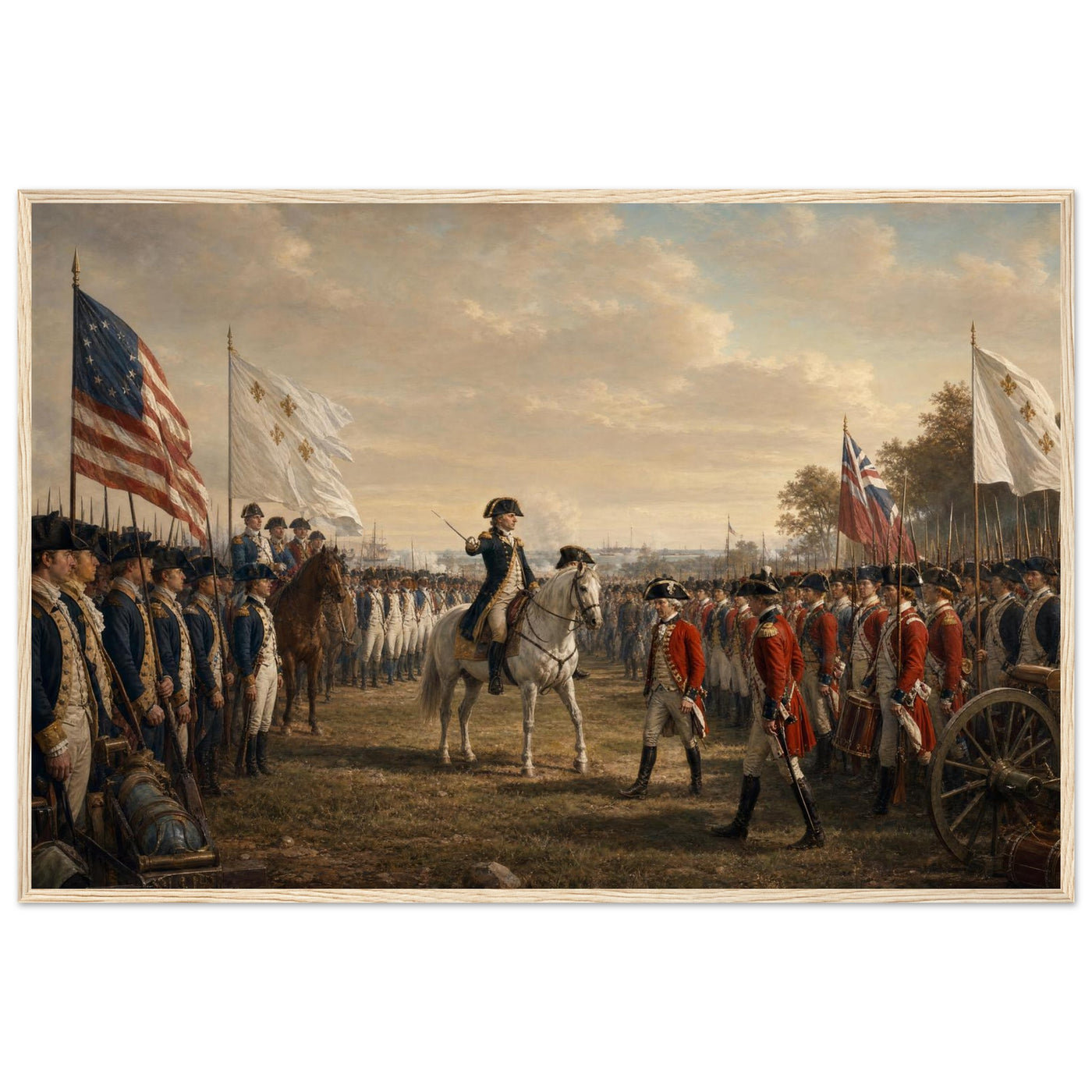 Wooden framed print of the surrender at Yorktown — room view, ready to hang.