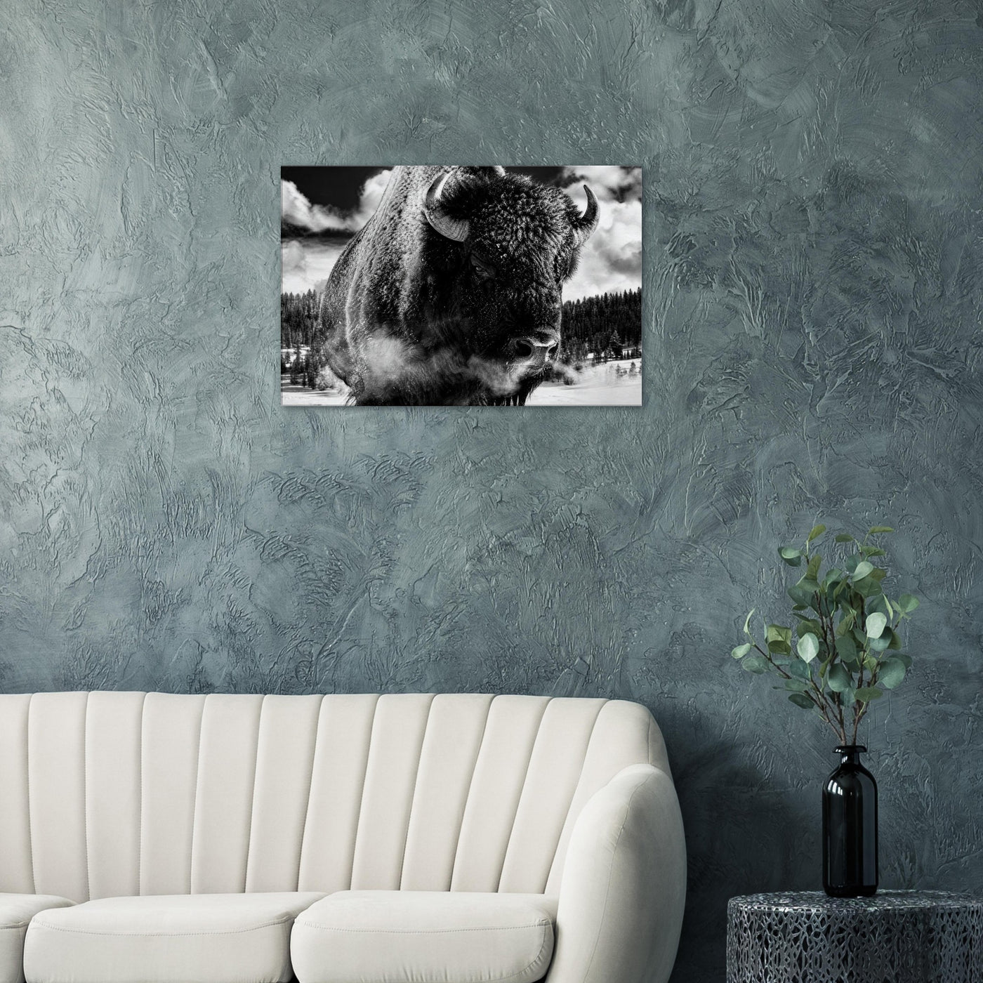 Canvas print of a winter bison in black and white — room view, ready to hang.