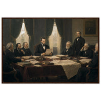 Framed historical painting of President Lincoln seated with his cabinet around a table, in a solid wood frame.