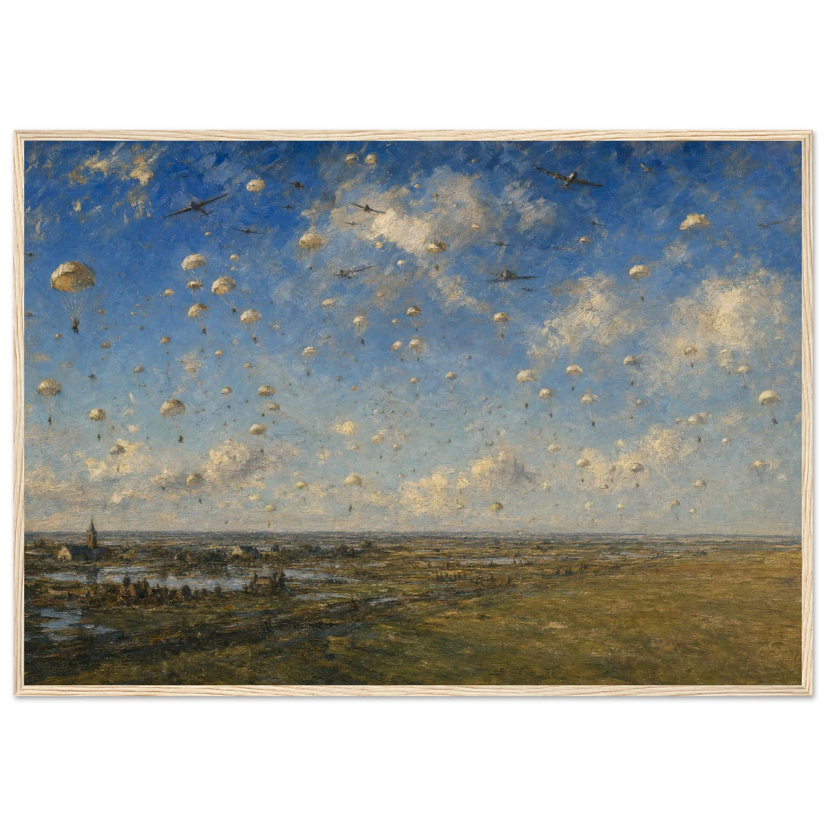 Market Garden, 1944 — framed fine art print of parachutes filling the sky over Holland, 12x18″ in a natural wood frame