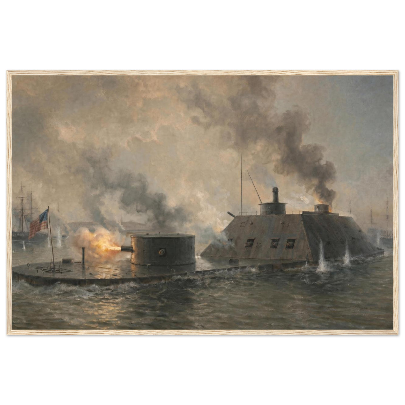 Wooden framed print of the Battle of Hampton Roads — room view, ready to hang.