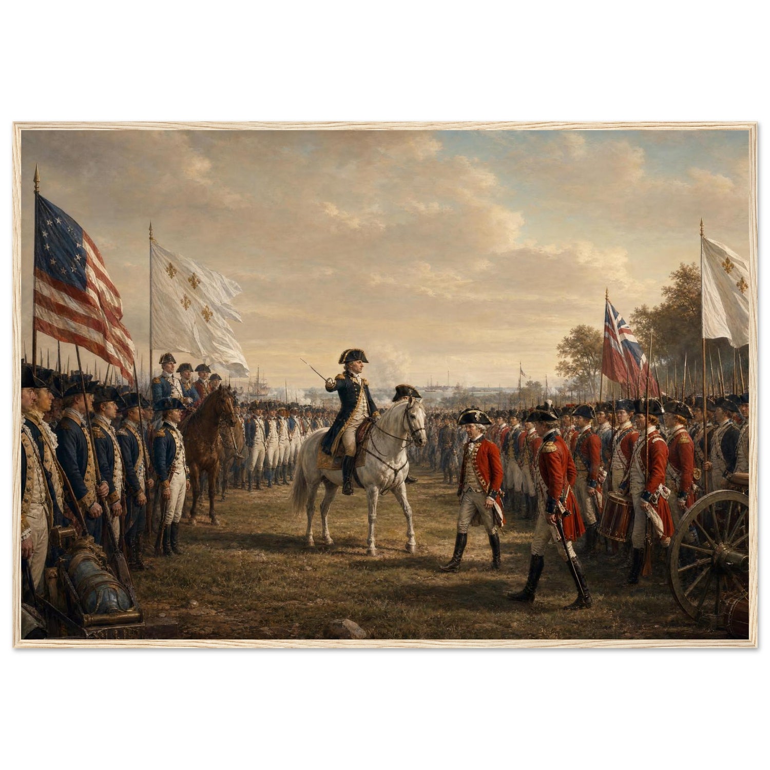 Wooden framed print of the surrender at Yorktown, ready to hang.