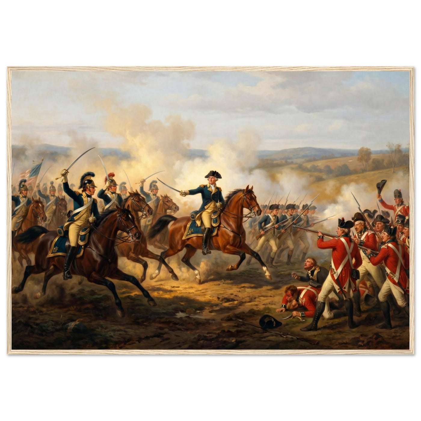 Framed art print of a mounted officer leading a Civil War cavalry charge with the colors, in a solid wood frame.