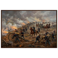 Framed art print of a Civil War artillery line firing amid smoke, cavalry and flags beyond, in a solid wood frame.