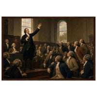 Framed art print of an impassioned orator with raised arm addressing a seated assembly, in a solid wood frame.