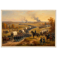 Framed panoramic art print of a Civil War cavalry and wagon column marching at sunset, in a solid wood frame.