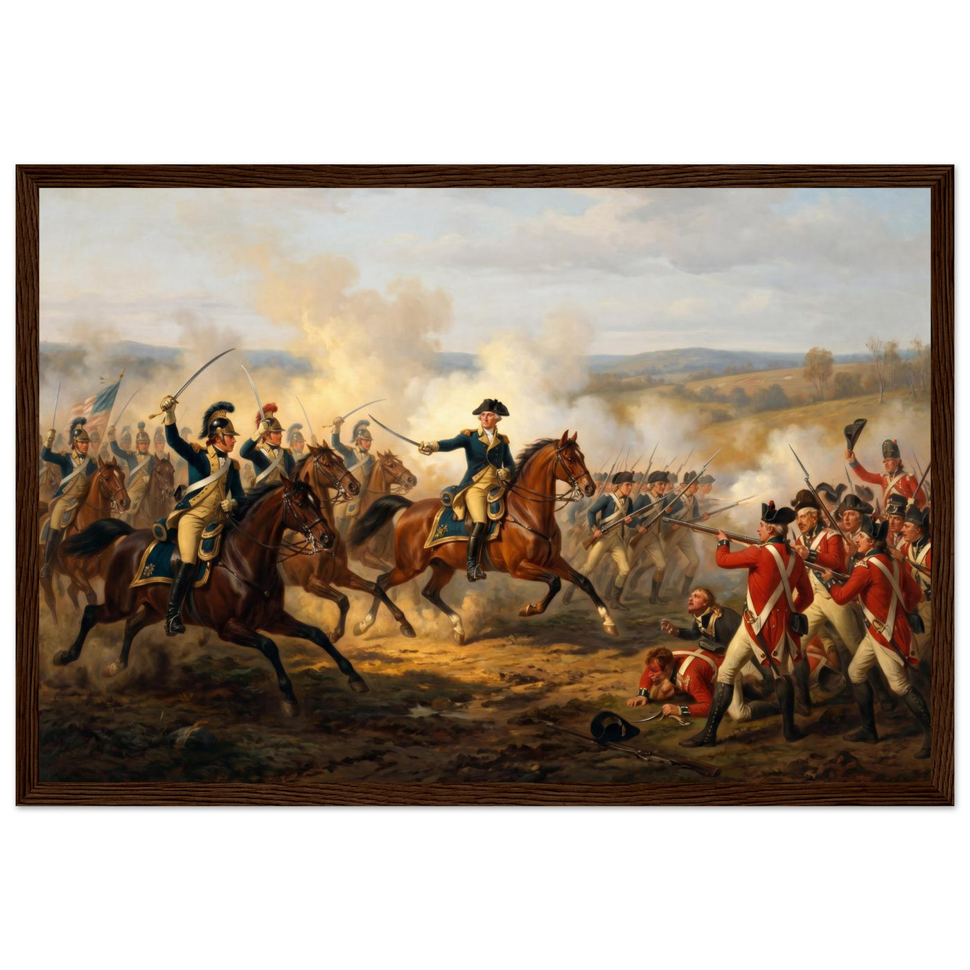 Framed art print of a mounted officer leading a Civil War cavalry charge with the colors, in a solid wood frame.