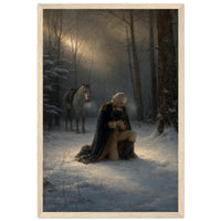 Framed print of Washington praying in the snow at Valley Forge, ready to hang.