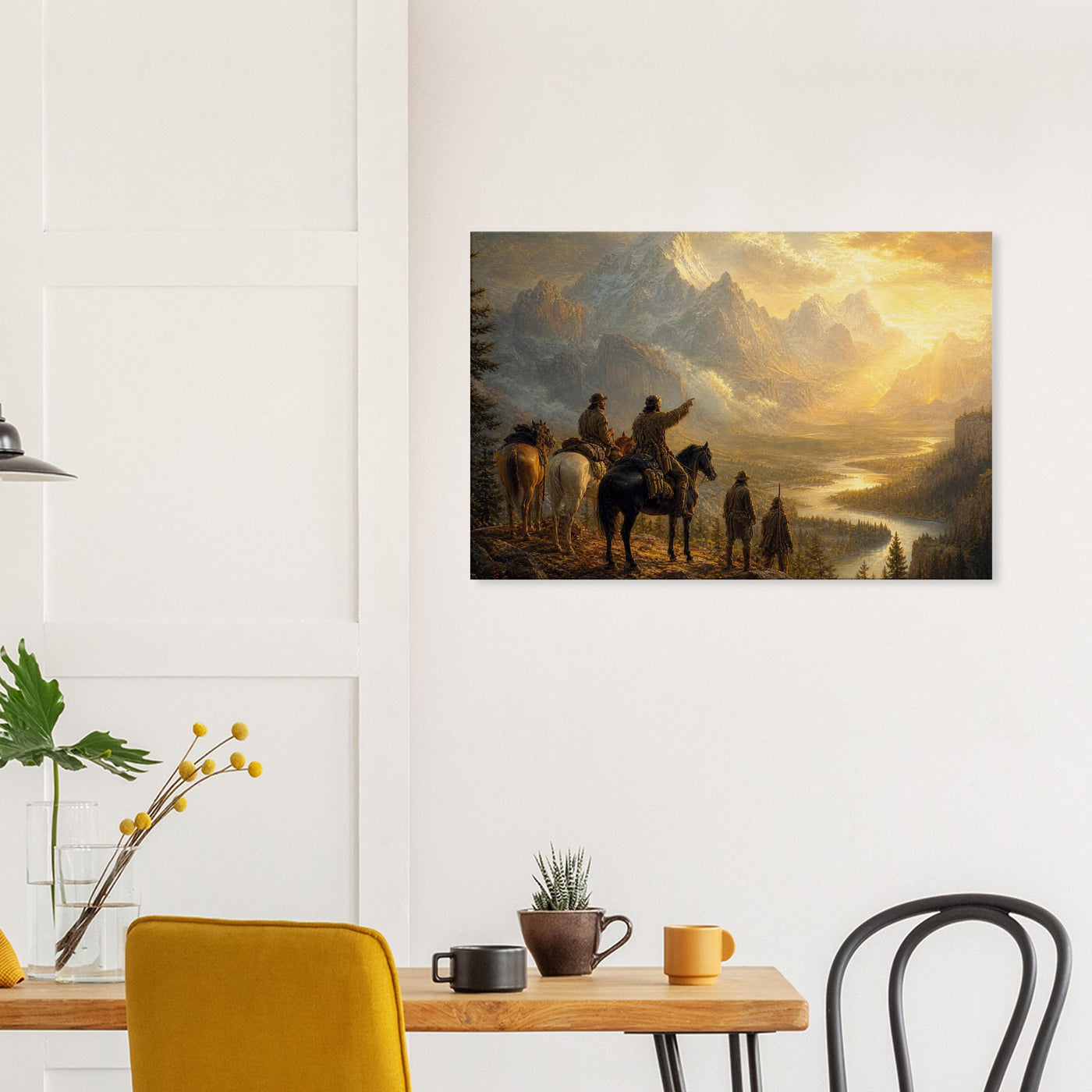 Canvas print of pioneers overlooking a sunset vista — room view, ready to hang.