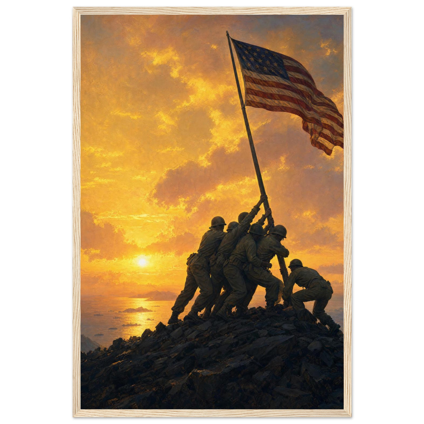 Wooden framed print of the flag raising on Iwo Jima — room view, ready to hang.