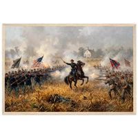 Framed art print of cavalry and infantry clashing amid smoke and flags at the Battle of Antietam, in a solid wood frame.