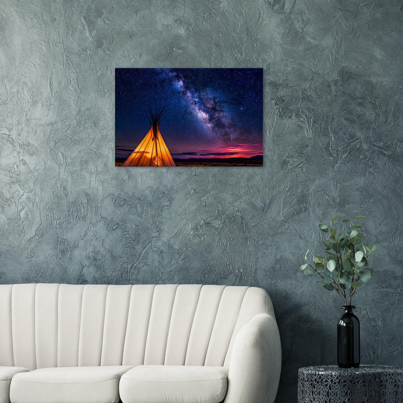 Canvas print of a teepee beneath a starlit sky — room view, ready to hang.