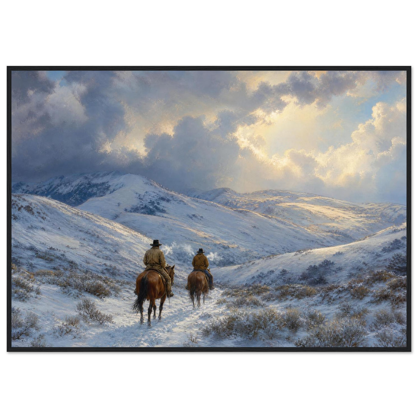 Framed panoramic art print of two riders on horseback crossing a snowy winter trail, in a solid wood frame.