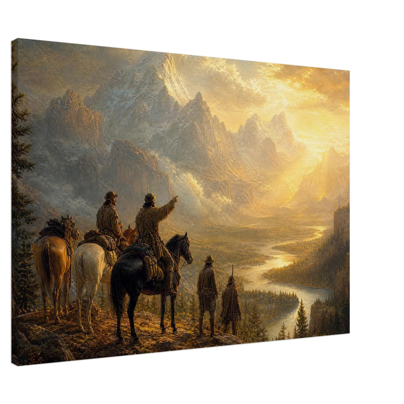 Canvas print of pioneers overlooking a sunset vista — room view, ready to hang.