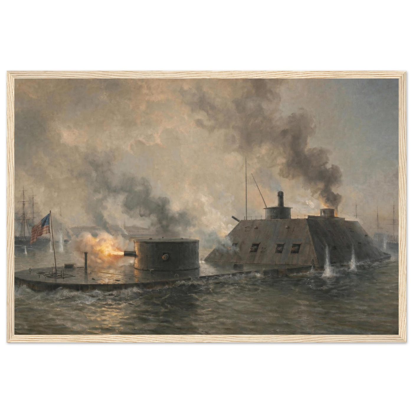 Wooden framed print of the Battle of Hampton Roads — room view, ready to hang.