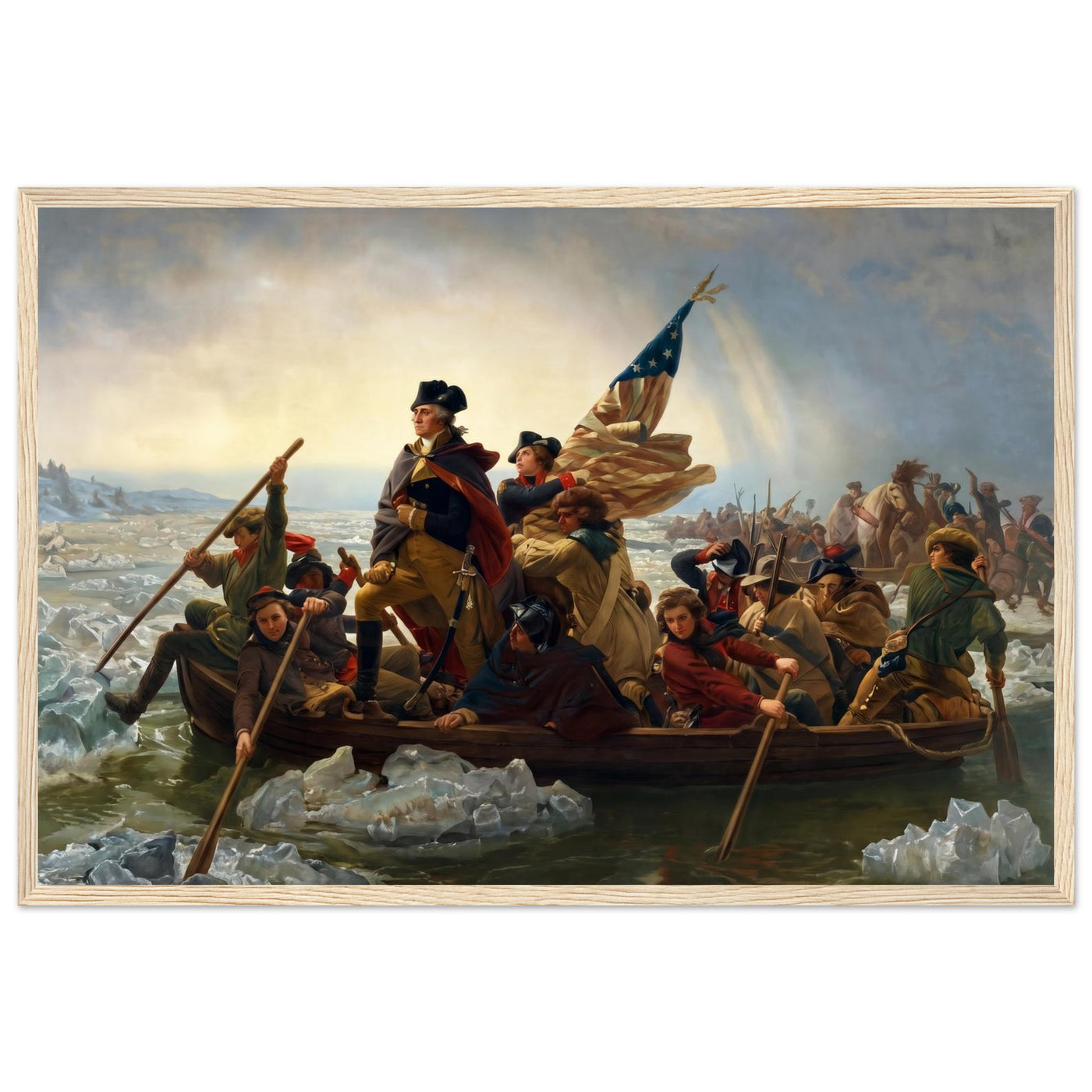 Wooden framed print of Washington crossing the Delaware — room view, ready to hang.