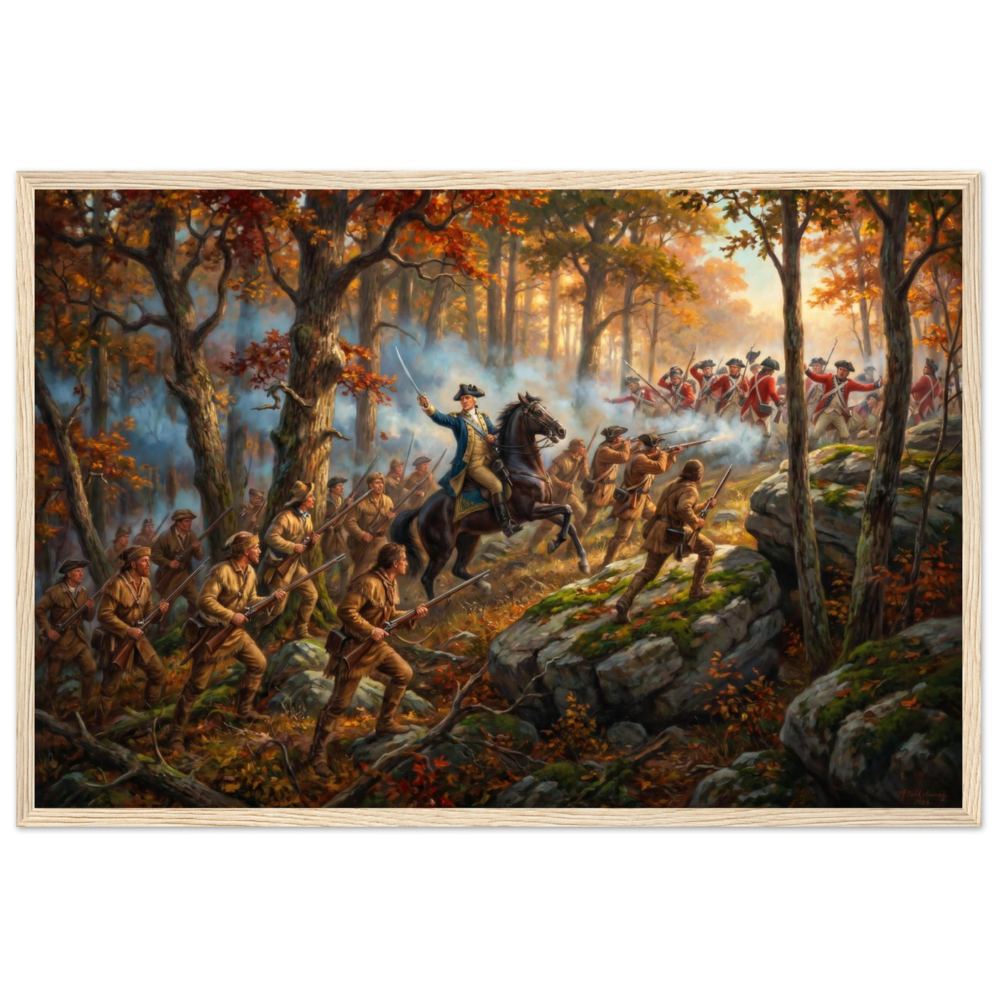 Framed print of a Revolutionary forest ambush, ready to hang.
