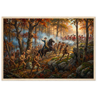 Framed print of a Revolutionary forest ambush, ready to hang.