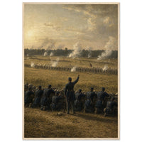 Cemetery Ridge, 1863 — framed fine art print of Union soldiers at a stone wall, Gettysburg, 12x18″ in a natural wood frame