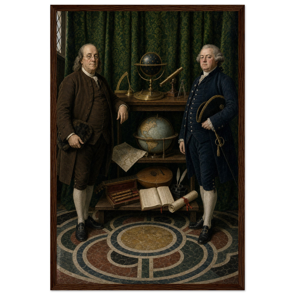 The Ambassadors — framed fine art print of Franklin and Adams standing either side of shelves of globes and instruments, in a dark wood frame