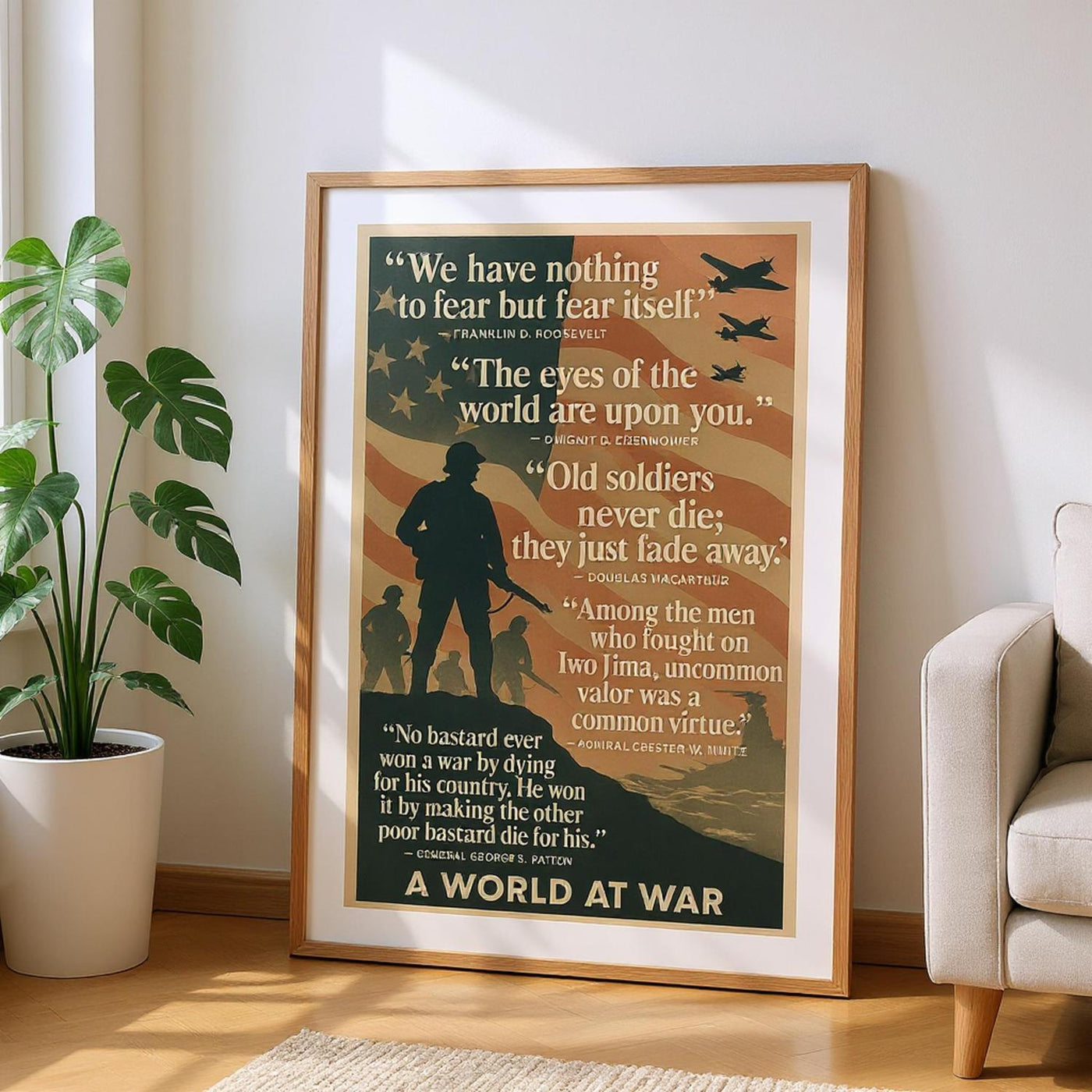 Wooden framed poster of The global scale of WWII, ready to hang.