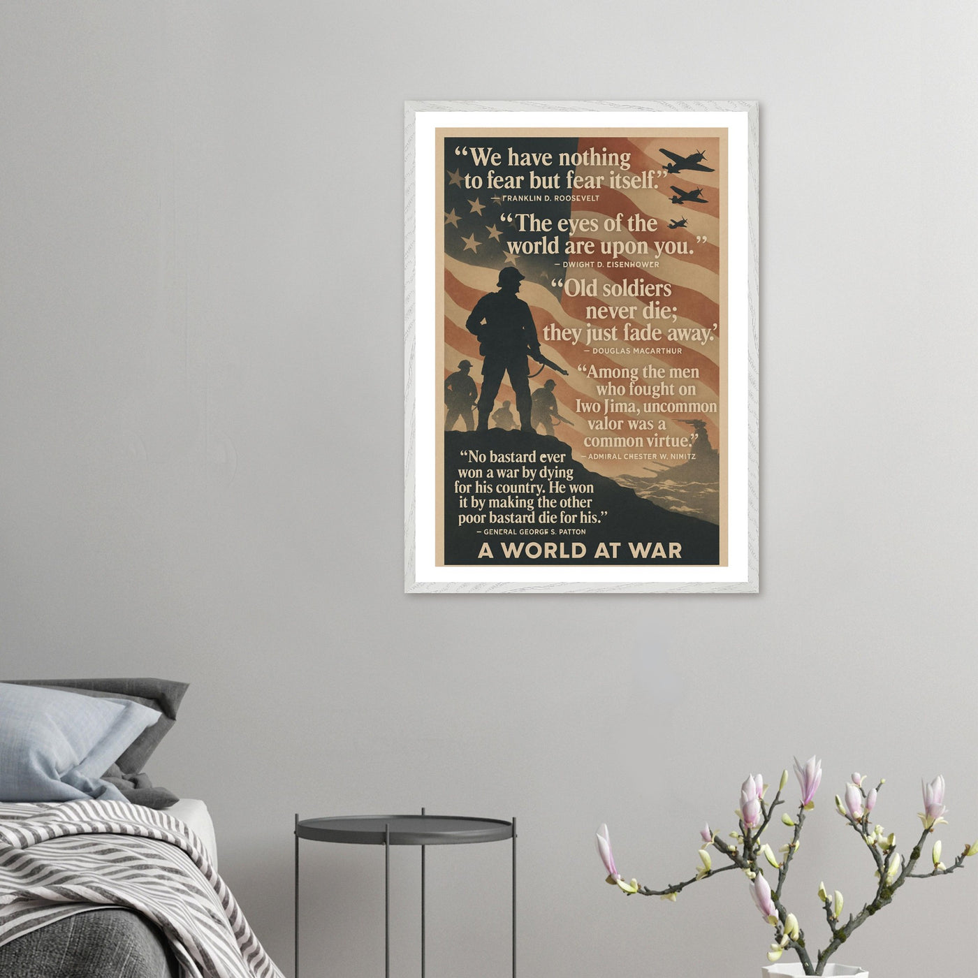 Wooden framed poster of The global scale of WWII, ready to hang.