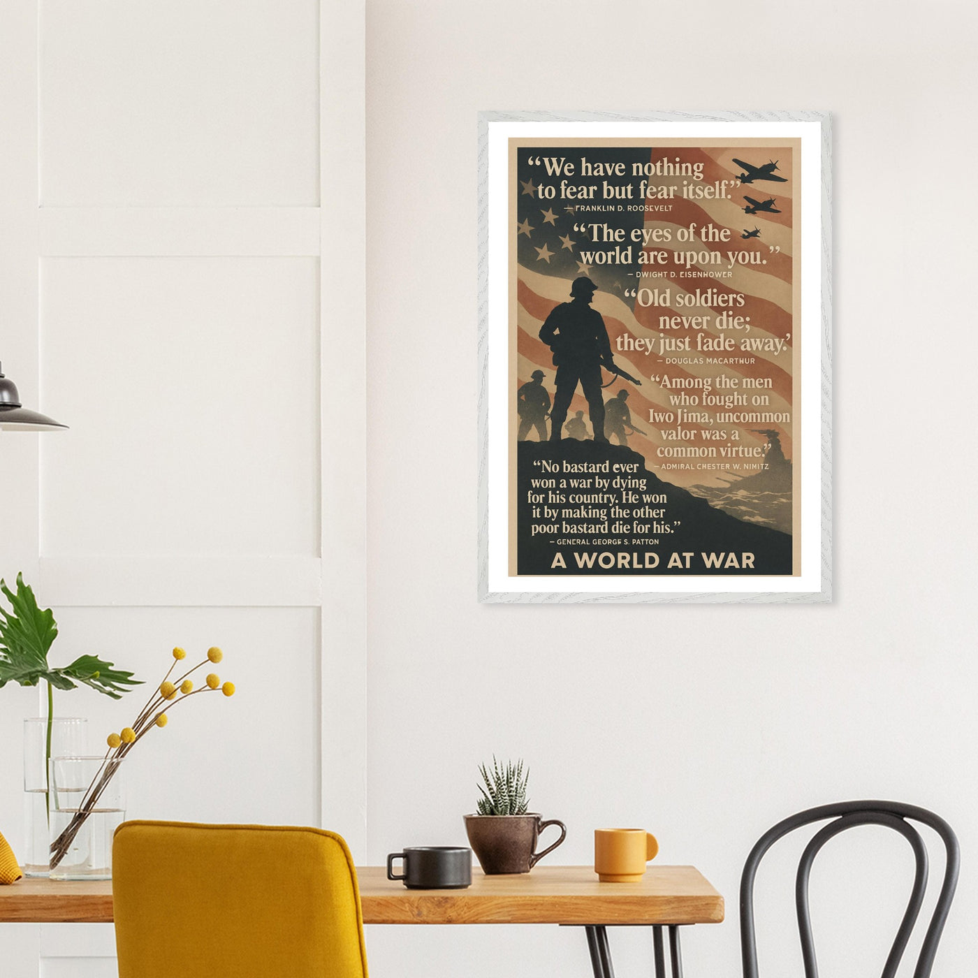 Wooden framed poster of The global scale of WWII, ready to hang.