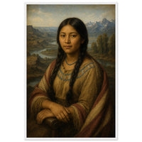 Sacagawea — framed fine art print of a young Shoshone woman seated with folded hands before a river valley and mountains, in a white frame
