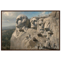 Framed panoramic art print of workers carving the presidential faces of Mount Rushmore, in a solid wood frame.